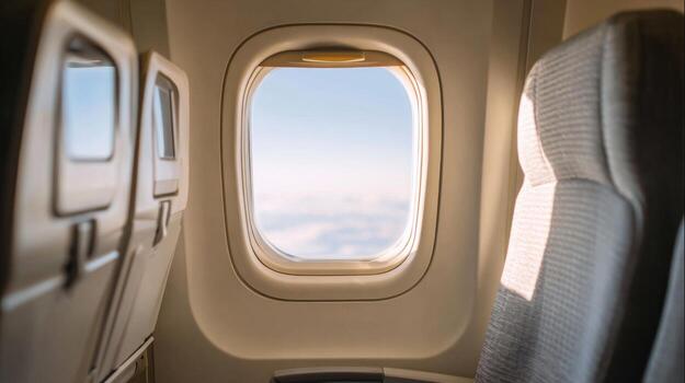 Airplane Window View With Empty Seats And Clear Sky. Experience Of Air Travel And In-Flight Comfort photo