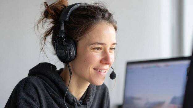 Smiling Woman With Headset Working On Computer. Customer Service Representative In A Virtual Meeting photo
