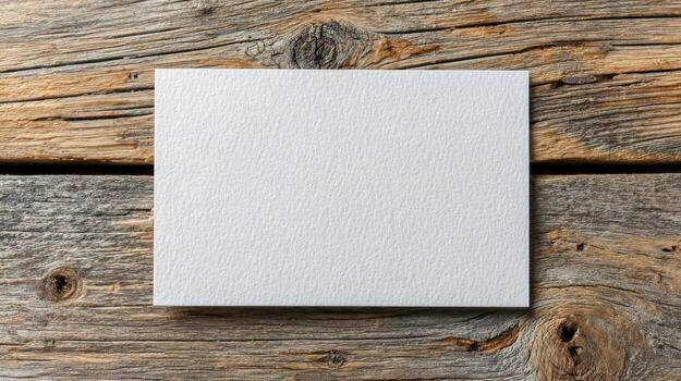 Blank White Card On Rustic Wooden Background. Ideal For Invitations, Announcements, Or Rustic-Themed Designs photo