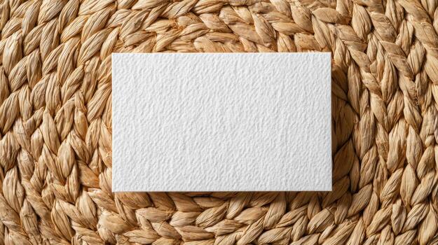 White Textured Card On Woven Straw Background. Natural And Rustic Design Element photo
