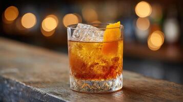 antiguo pasado de moda cóctel en rústico bar encimera. clásico whisky bebida con naranja adornar en acogedor bar ajuste foto