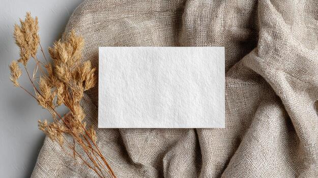White Blank Card On Burlap Fabric With Dried Flowers. Rustic Invitation Or Greeting Card Mockup photo