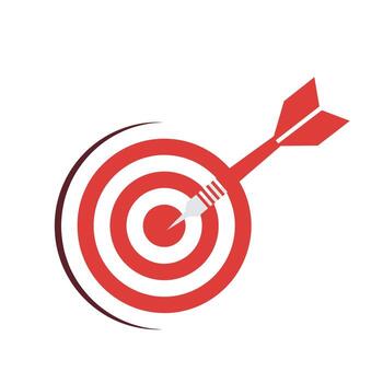 Red dart hits bullseye in center of target, symbolizing success and achievement with precision and focus on a white background. vector