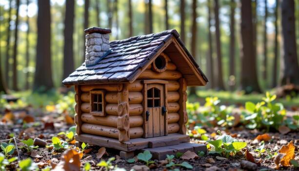 tiny log cabin birdhouse with chimney, rustic charm, sitting quietly in a forest clearing. photo