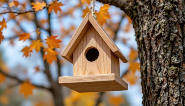 sencillo triangular pajarera, natural madera, puntiagudo techo, colgando por cuerda desde arce árbol. foto