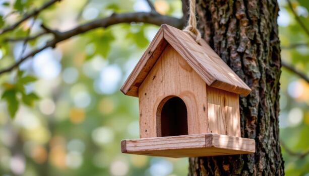 sencillo triangular pajarera, natural pino finalizar, colgando suavemente por cuerda desde arce árbol. foto