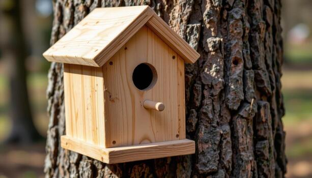 sencillo caja pajarera, sin tratar pino madera, clavado en antiguo árbol trompa, rústico llanura diseño. foto