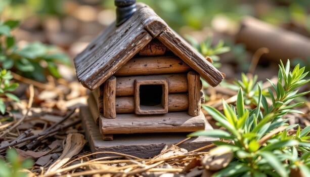 cabin like birdhouse, rough logs stacked, small square window, resting among pine needles. photo