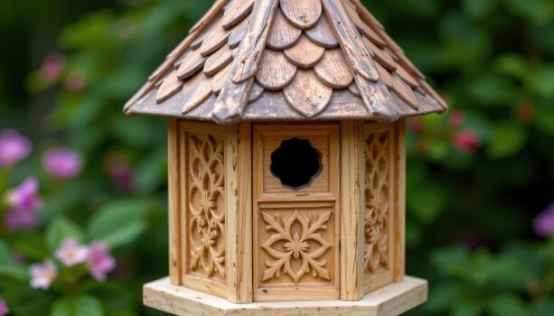 hexagonal birdhouse, intricate panels, patterned roof shingles, neat decorative geometry. photo