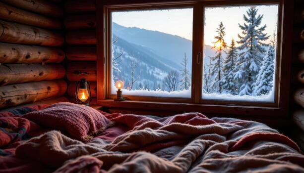 mountain hut room, frosty window, wool blankets, glowing lantern, rustic pine silence. photo