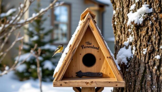 un marco pajarera, triangular puntiagudo techo, alpino rústico inspiración, sencillo estilo. foto