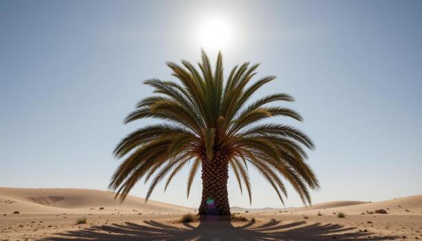 isolated tall palm tree in desert like sand, bright sun above, deep shadows beneath base. photo