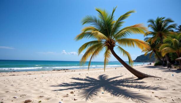 palm tree leaning sharply, curved trunk casting long arc shadow across soft beach sand. photo