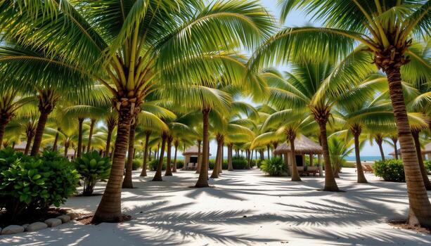 tropical arboleda de palmas, superposición hojas fundición patrones a través de blanco arenoso piso. foto