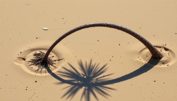isolated palm leaning right, curved trunk arching, shadow stretching long across sand. photo