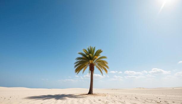 lonely palm tree under bright sky, sand stretching endlessly, breeze rustling soft fronds. photo