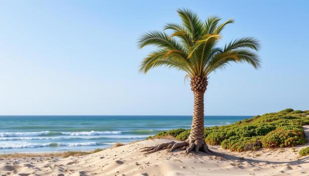 strong coastal palm tree with textured trunk, roots gripping sandy dune, leaves swaying. photo
