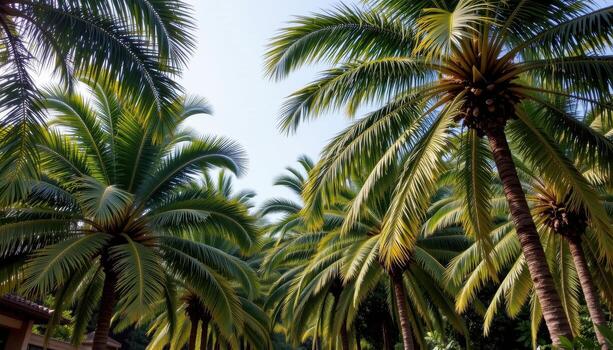 grove of palms with overlapping crowns, dense shade below, cool calm tropical setting. photo