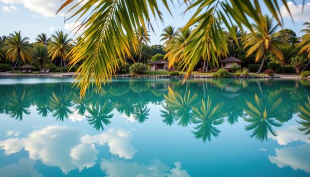 palms reflecting on lagoon surface, turquoise glow blending with lush green mirrored crowns. photo