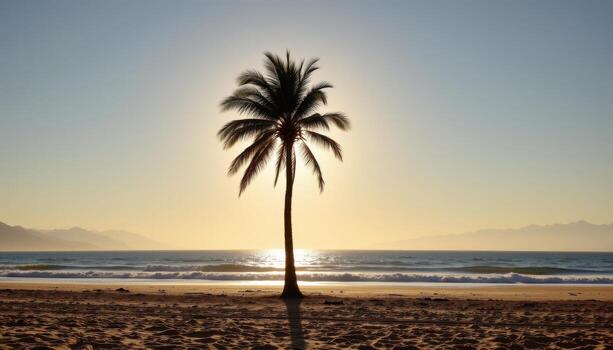 tall palm tree rising alone, deep shadow stretching across bright beach at golden hour. photo