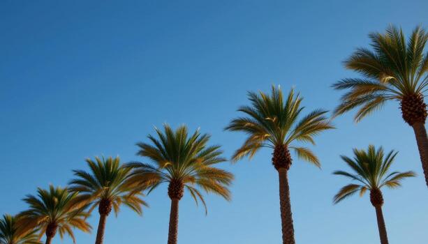 row of palms swaying together, lined perfectly, glowing green against deep blue sky. photo
