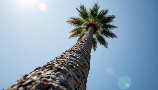 towering palm tree swaying gently, rough textured trunk rising high against bright clear sky. photo