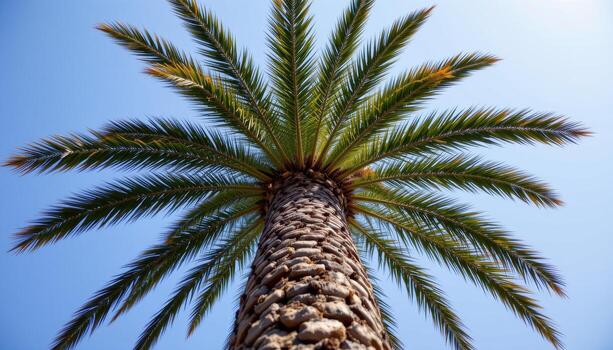 towering palm tree with rough trunk texture, wide crown swaying against clear open sky. photo