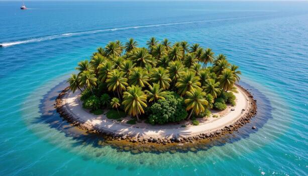 palms clustered on tiny island, crowns lush and green, turquoise sea shimmering all around. photo