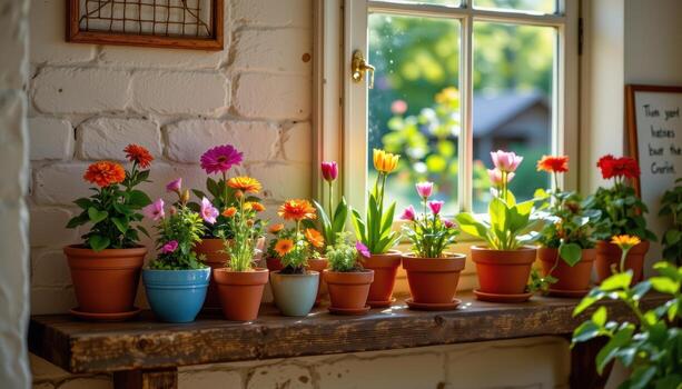 a cozy rustic shelf displays colorful flower pots glowing softly under sunlight from nearby window. photo