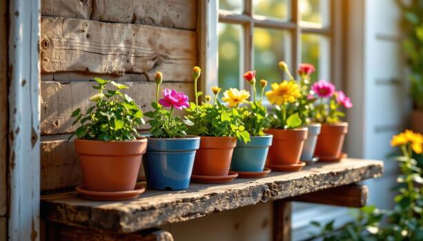 cozy rustic shelf displays colorful flower pots glowing softly under sunlight from nearby window. photo