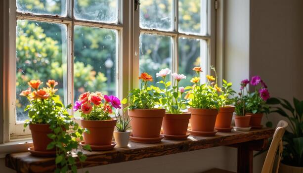 a rustic shelf displays colorful flower pots illuminated by sunlight pouring in from the large window. photo