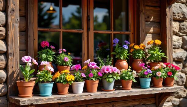 a rustic wooden shelf displays colorful flower pots arranged neatly in sunlight from the wide window. photo