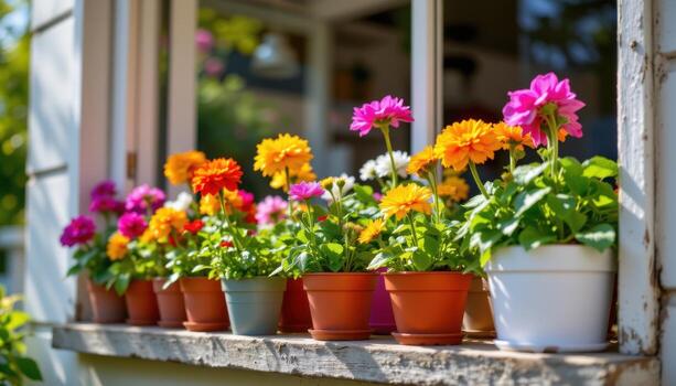sunlight shines through the window onto a shelf lined with colorful flower pots in full bloom. photo