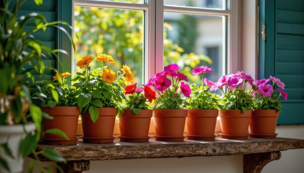a rustic shelf near the window holds colorful flower pots with petals illuminated by bright sunlight. photo