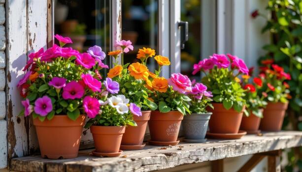 a rustic wooden shelf holds colorful flower pots with vibrant blooms reflecting sunlight from window. photo