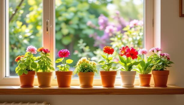 wooden shelf lined with bright flower pots glows warmly as sunlight filters through the clear window. photo