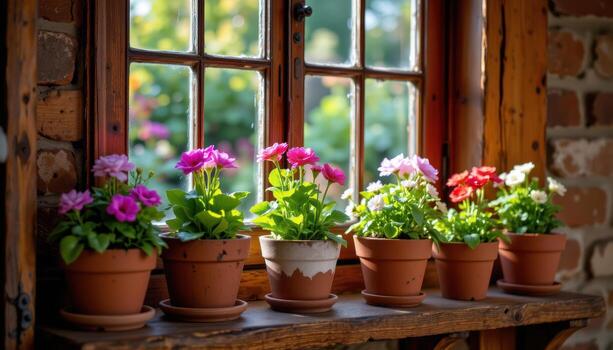 a rustic shelf displays colorful flower pots with petals illuminated softly by window sunlight. photo
