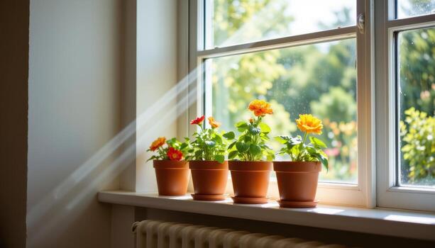 sunlight pours gently over flower pots on a shelf lined neatly beside the large bright window pane. photo