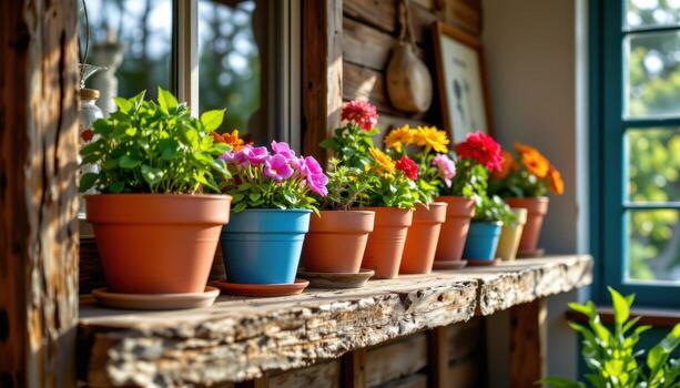 a rustic shelf lined with colorful flower pots glows softly under sunlight from nearby window. photo