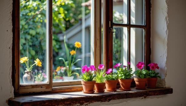 sunlight streams onto a rustic shelf with bright flower pots arranged neatly beside the window. photo