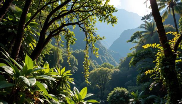 lush tropical forest with layered trees, hanging vines, and sunlight creating soft forest shadows. photo