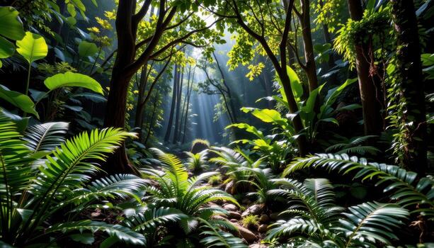 a lush tropical forest with layers of trees and ferns, sunlight creating patterns on the forest floor. photo