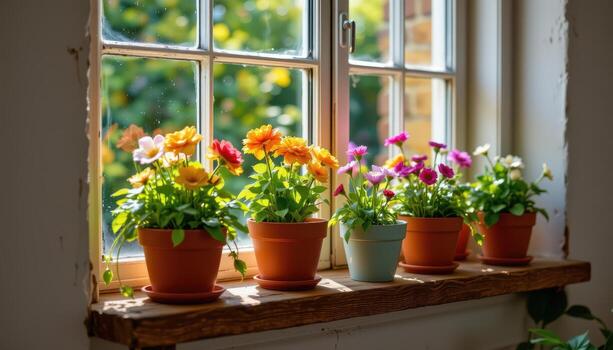 rustic shelf holds vibraynt flower pots glowing softly under morning sunlight from the large window. photo