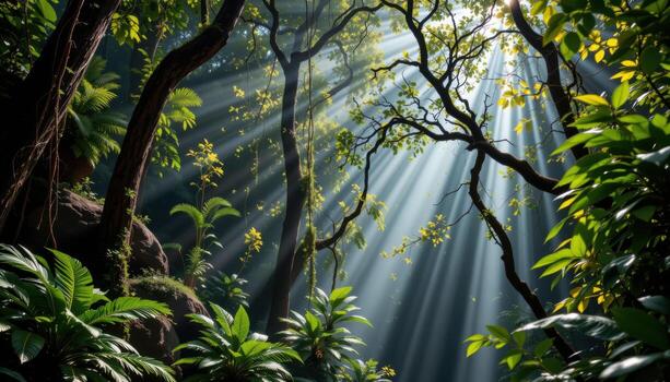 lush tropical rainforest with tall trees, hanging vines, and soft light creating mystical shadows. photo