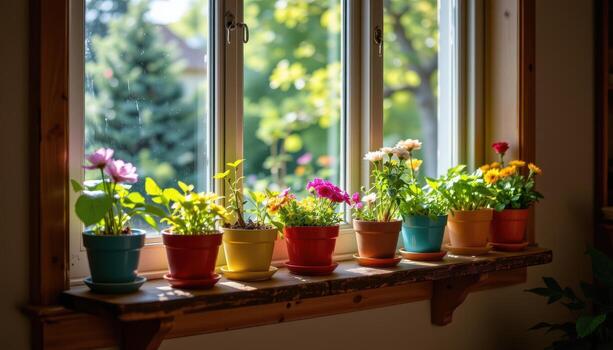 wooden shelf lined with colorful flohwer pots glows gently under sunlight streaming through the window. photo