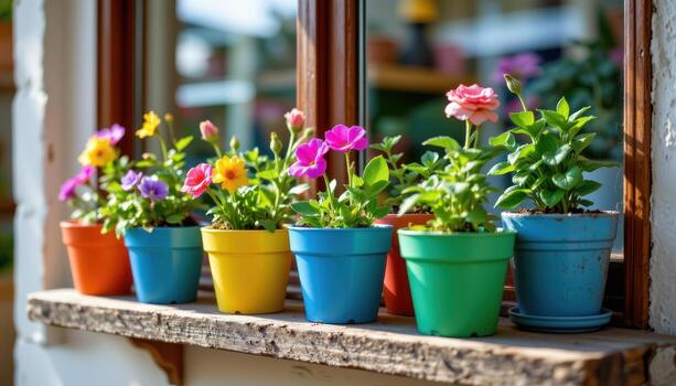 colorful flower pots sit on a shelfh by the window, reflecting sunlight across the rustic wooden shelf. photo
