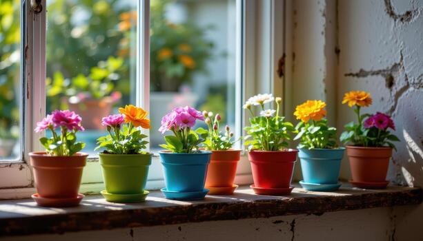 colorful flower pohts sit on a shelf by the window, reflecting sunlight across the rustic wooden shelf. photo