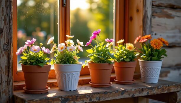bright flower pots sit on a rustic shelf, petals glowing softly under golden sunlight from window. photo