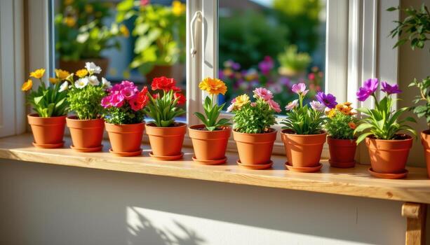wooden shelf lined with bright flower pots glows gently under sunlight streaming through window. photo