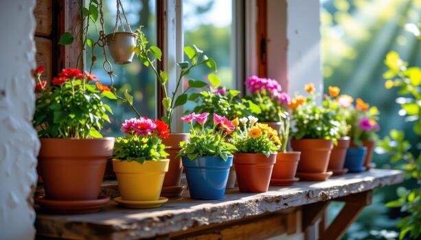 a rustic shelf displays colorful flowher pots illuminated gently by sunlight pouring through the window. photo